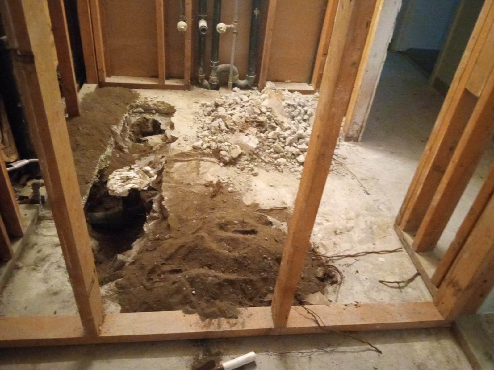 Bathroom remodel in progress with exposed framing, plumbing pipes, and shower installation